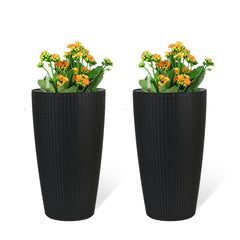 Set of 2 Faux Rattan Tall Planters Outdoor Indoor Large Planters with Water Level Monitor Inner Bucket, Automatic Watering, Flower Plant Pots for Garden, Patio, Porch, Backyard (Black, 22 inch )