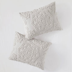 3-Piece Tufted Cotton Chenille Medallion Comforter Set Grey Full/Queen
