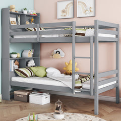 Twin Over Twin Bunk Bed with Shelves , Rubber Wood Bed with Shelves Headboard, Safety Guardrails and Ladder, Convertible to 2 Beds,Grey