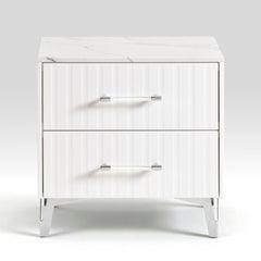 Glam White Nightstand of 2x Storage Drawers Faux Marble Laminated Top Chrome Metal Legs Bedroom Furniture 1pc