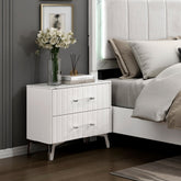 Glam White Nightstand of 2x Storage Drawers Faux Marble Laminated Top Chrome Metal Legs Bedroom Furniture 1pc