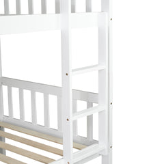 Twin Over Twin Rubber Wood Bunk Bed with Trundle, Convertible into Twin Size Beds, Twin Size Bunk Bed with Ladder and Safety Guardrails, White