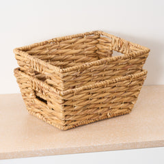 Abbot Water Hyacinth Woven Rectangular Brown Multi Use Kitchen and Bathroom Basket Set of 2