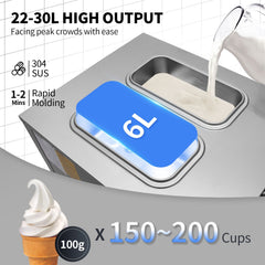Commercial Ice Cream Maker, 22-30L/H Yield, 2200W Countertop Soft Serve Machine w/ 2x6L Hopper 2L Cylinder LCD Panel Puffing Shortage Alarm, Frozen Yogurt Maker for Restaurant Snack Bar, Silver