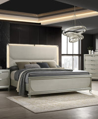 Contemporary Glam Silver Fabric Upholstered Queen Size Bed w LED Embossed Panel 1pc Bedframe Bedroom Furniture