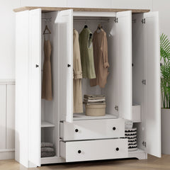4 Door Wardrobe Armoire Closet with 2 Drawers, White