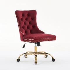 A&A Furniture Office Chair,Modern Velvet Upholstered Tufted Button Home Office Chair with Golden Metal Base,Adjustable Desk Chair Swivel Office Chair (Wine Red),SW1923WR