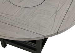 1pc Farmhouse Contemporary Counter Height Table with Storage Single Pedestal Round Black Gray Natural Grain Integrated Turntable Drop Leaves and Built-in Shelving