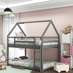 Twin over Twin Low Bunk Bed, House Bed with Ladder , Gray