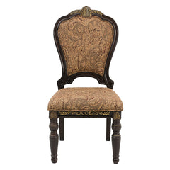 Traditional Formal Side Chairs Set of 2, Cherry Finish with Gold Tipping Jacquard Fabric Upholstery Luxury Dining Furniture