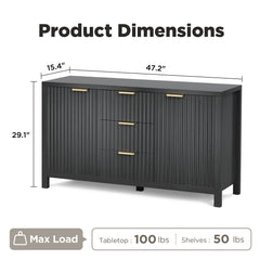 Sideboard Storage Cabinet, Fluted Credenza Buffet Cabinet with Two Doors and Three Drawers for Kitchen and Living Room, Black