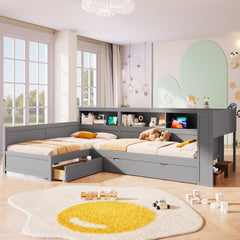 Wood Twin Size L-shaped Platform Bed with Trundle and a Drawer, Grey