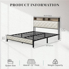 Queen Size Bed Frame, Platform Bed Frame with Charging Station, Upholstered Storage Headboard & Footboard Metal Slats Supports Mattress Foundation, No Box Spring Needed, Beige(No Drawers)