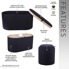 Storage Ottoman with Reversible Wooden Tray Top, Black
