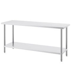 Stainless Steel Prep Table, 24 x 72 x 34 Inch, Heavy Duty Metal Worktable with 3 Adjustable Height Levels, Commercial Workstation for Kitchen Garage Restaurant Backyard