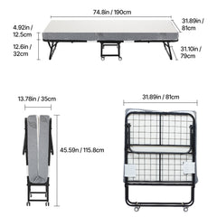 31 in x 75 in Folding Bed with 5 in Mattress, Twin Size, Grey, for Adults, Guest