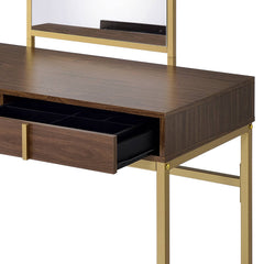 Coleen Walnut & Gold Finish Vanity Desk W/Mirror & Jewelry Tray