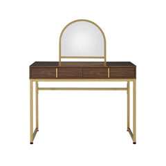 Coleen Walnut & Gold Finish Vanity Desk W/Mirror & Jewelry Tray