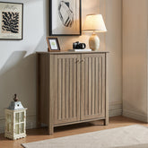 Shoe cabinet storage cabinet entryway cabinet with two doors slat style vented doors metal knob handle four shelves Dark Taupe color