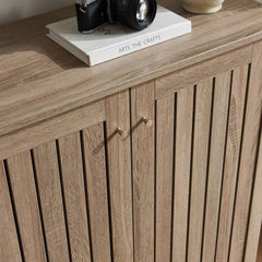 Shoe cabinet storage cabinet entryway cabinet with two doors slat style vented doors metal knob handle four shelves Dark Taupe color