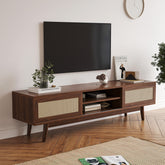 75" Rattan TV Stand, Wood TV Stand with Storage, Mid Century Modern TV Stands for Living Room, Boho Media Console, Entertainment Center with Cable Management