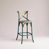 Antique Turquoise Finish Metal Frame Vintage Style Bar Chair 1pc Wooden Seat Dining Furniture