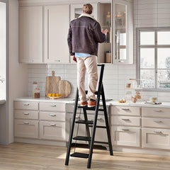 5-step ladder folding step stool, 5-step ladder with anti slip wide pedals, lightweight and easy to carry handle folding ladder, multi-purpose steel ladder, suitable for home and office use