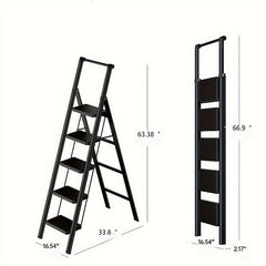 5-step ladder folding step stool, 5-step ladder with anti slip wide pedals, lightweight and easy to carry handle folding ladder, multi-purpose steel ladder, suitable for home and office use