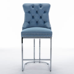 26" Counter Height Bar Stools Set of 2, Modern Velvet Barstools with Button Back&Rivet Trim Upholstered Kitchen Island Chairs with Sturdy Chromed Metal Base Legs Farmhouse Bar Stools,Light Blue,2 Pack
