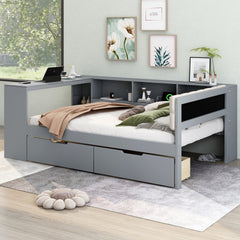 Wood Full Size Platform Bed with Storage Shelves, Drawers, Charging Station and Upholstered Headboard, Gray