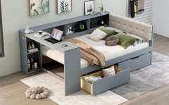 Wood Full Size Platform Bed with Storage Shelves, Drawers, Charging Station and Upholstered Headboard, Gray