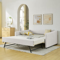 Full Size Daybed with Trundle Upholstered Sofa Bed, with Vertical Stripes, Linen Fabric, Beige (82.5"x58"x30")