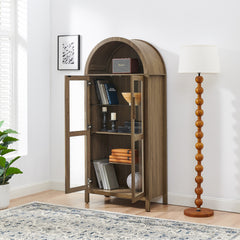 A high arched storage cabinet with a lamp, a modern retro-style wooden storage cabinet with adjustable glass partitions, suitable for use as a multi-functional cabinet in kitchens-Brown