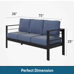 73" All-Weather Aluminum Patio Sofa, 3 Seat Outdoor Couch with Thick Blue Cushions & Black Frame