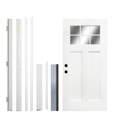 Fiberglass Entry Door, 36'' x 80" Door with Brickmould,4-9/16 Vinyl Frame,White Primed, Right Hand Inswing, Front Entry Knock-Down Door, 2-Panel Craftsman, 6-Lite Low-E Glass