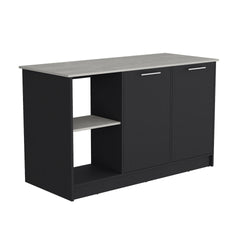 Juniper Kitchen Island with Large Top Surface, Double Door Cabinet, and Open Shelves Black / Ibiza Marble