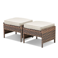 Outdoor PE Wicker Ottomans Set of 2, Patio Brown Rattan Footrests with Beige Cushion for Backyard or Deck