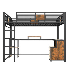 Full Loft Bed with Desk and Storage Non-woven Fabric Drawers, Metal Loft Bed Frame with Ladders, Nosie-free and No Spring Box Needed.Black