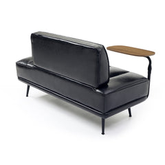 55"Inch Width Modern End of Bed Bench,Black Faux Leather Upholstered With side table, 360-degree Swivel tray couch,Entryway Ottoman,Window Bench with Metal Legs for Bedroom, Living Room