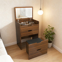 3-in-1 Vanity Desk with Lighted Mirror & Stool, Flip Top Makeup Dressing Table, Compact Storage for Bedroom, Bathroom, Dressing Room(23.62 inch L, Walnut)