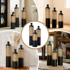 3-Piece Handcrafted Metal Floor Vase Set, Black & Gold Cutout Design Tall Vases (20.8"/24.8"/28.7") for Living Room Entryway, Modern Glam Decor for Pampas Grass & Ideal Housewarming/Holiday Gifts