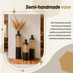 3-Piece Handcrafted Metal Floor Vase Set, Black & Gold Cutout Design Tall Vases (20.8"/24.8"/28.7") for Living Room Entryway, Modern Glam Decor for Pampas Grass & Ideal Housewarming/Holiday Gifts