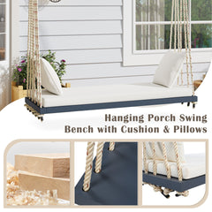 TOPMAX Patio Wooden Swing Chair, Hanging Porch Swing Bench with Cushion&Pillows, 10.8Ft Hemp Ropes for Garden,Backyard, Lawn,Gray