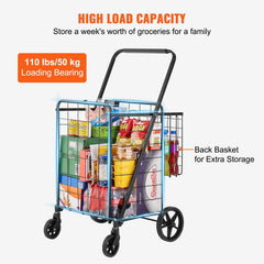 Folding Shopping Cart, Jumbo Grocery Cart with Double Baskets, 360° Swivel Wheels, Heavy Duty Utility Cart, 110 LBS Large Capacity Utility Cart for Laundry, Shopping, Grocery, Luggage