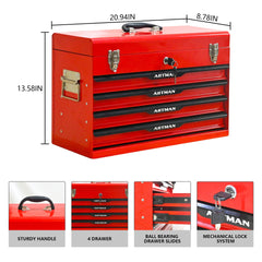 20-inch Steel Portable Tool Box With Drawers - Tool Storage Box Organizer With Metal Lock Closure Device - Powder-coated Tool Storage Cabinet (RED)