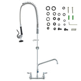 Commercial Faucet with Pre-Rinse Sprayer, 47" Height, 8" Center, 12" Swing Spout, Wall Mount Kitchen Sink Faucet, Brass Constructed Device with Pull Down Spray, for 1/2/3 Compartment Sink