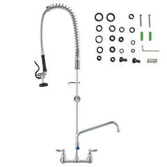 Commercial Faucet with Pre-Rinse Sprayer, 47" Height, 8" Center, 12" Swing Spout, Wall Mount Kitchen Sink Faucet, Brass Constructed Device with Pull Down Spray, for 1/2/3 Compartment Sink
