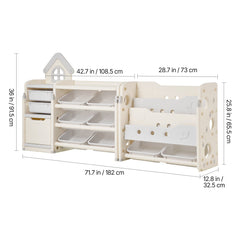 Kids Toy Storage with Bookshelf, 4-Tier Toy Storage Organizer with 10 Movable Plastic Bins, Kids Cubby Cabinet with Bookshelf for Study Room, Bedroom, Playroom, Classroom, Nursery, Gray + Beige