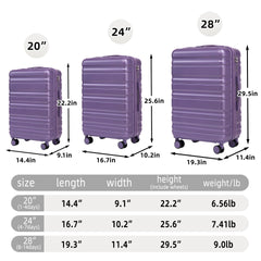 HIFINE TOURIST 20"/24"/28" 3 pcs/set in ABS Spinner Wheel Luggage, Carry on Suitcase, Matching Color, Combination Lock (Purple)