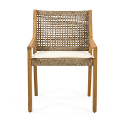 OUTDOOR DINING CHAIR -Acacia Wood & Wicker with Cream Cushion Patio Furniture-Teak finish & wicke Brown -MP2(set of 2)